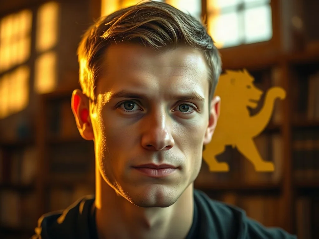 Portret pewnego siebie młodego mężczyzny na tle biblioteki z subtelnym, złotym zarysem lwa, nawiązującym do imienia Leo.