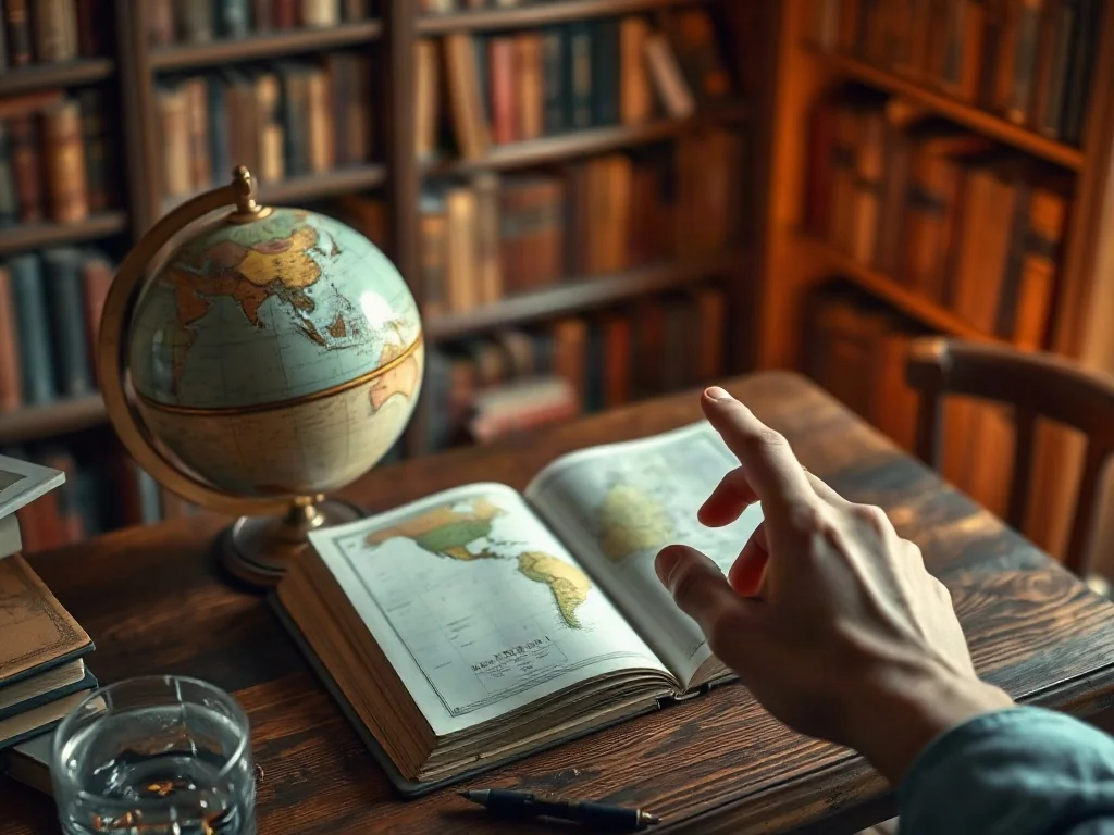 Osoba wskazująca palcem na mapę w otwartym atlasie obok globusa, w przytulnym wnętrzu biblioteki.