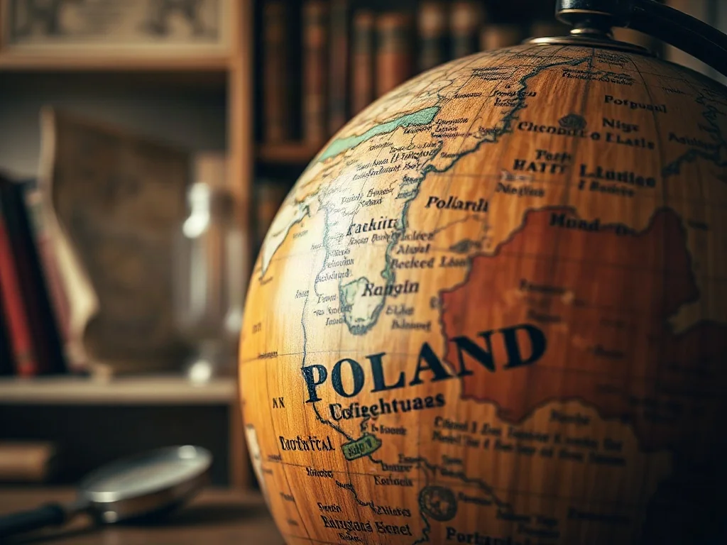 Zabytkowy globus z widocznymi granicami państw na tle biblioteki i map, podkreślający tematykę geograficzną.