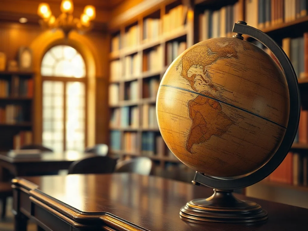 Stary drewniany globus na mahoniowym biurku w przytulnej bibliotece, podkreślający podróżniczy i edukacyjny charakter artykułu.