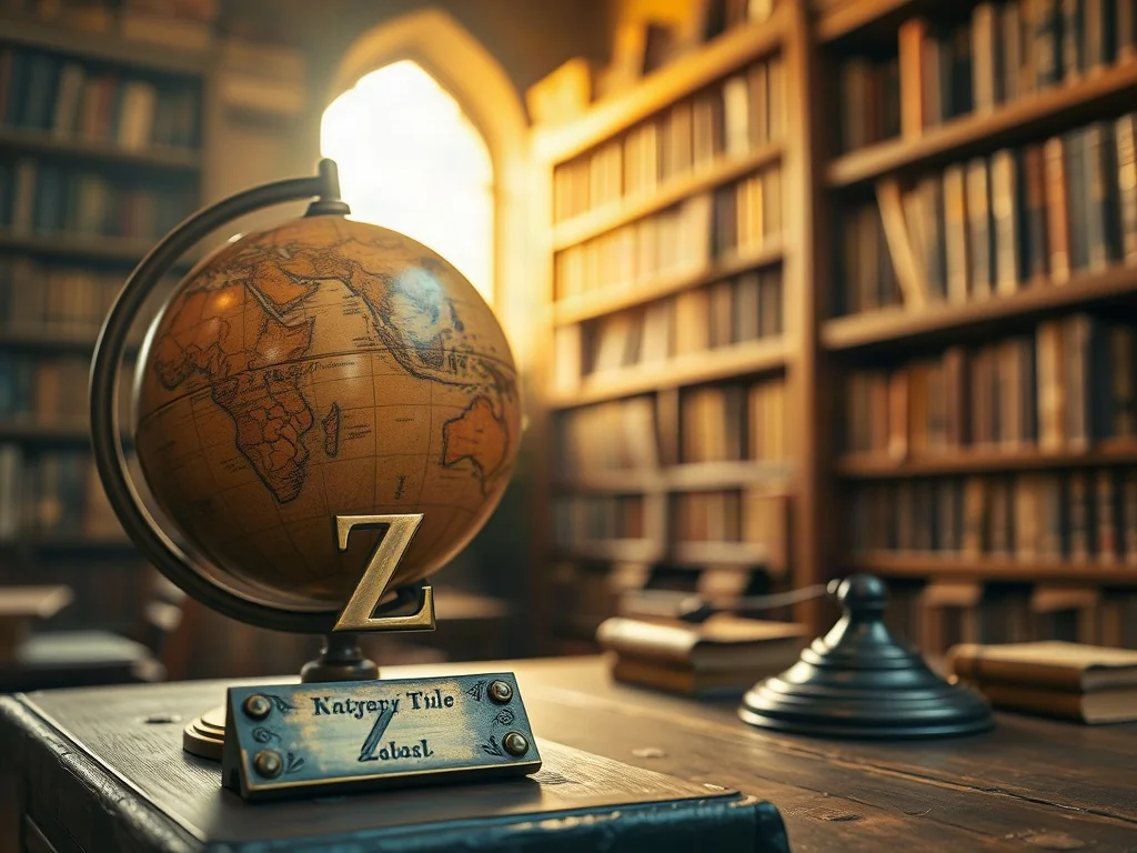 Zabytkowy globus na drewnianym biurku z wyeksponowaną literą „Z” w tle biblioteki.