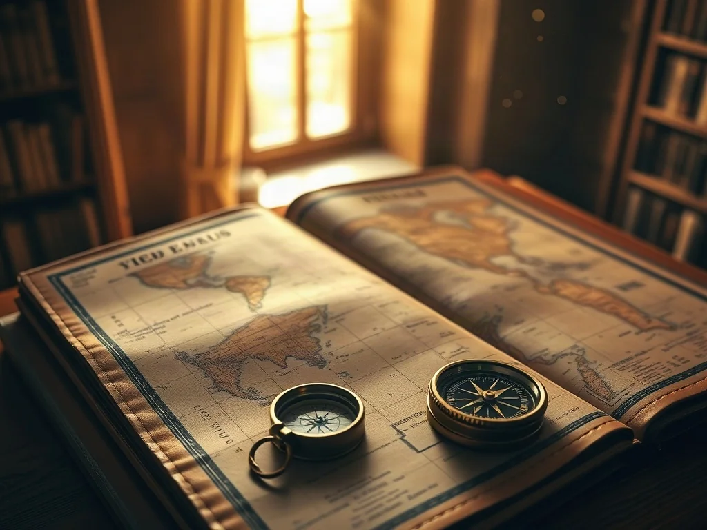 Otwarty zabytkowy atlas świata z mosiężnym kompasem na drewnianym stole w bibliotece.