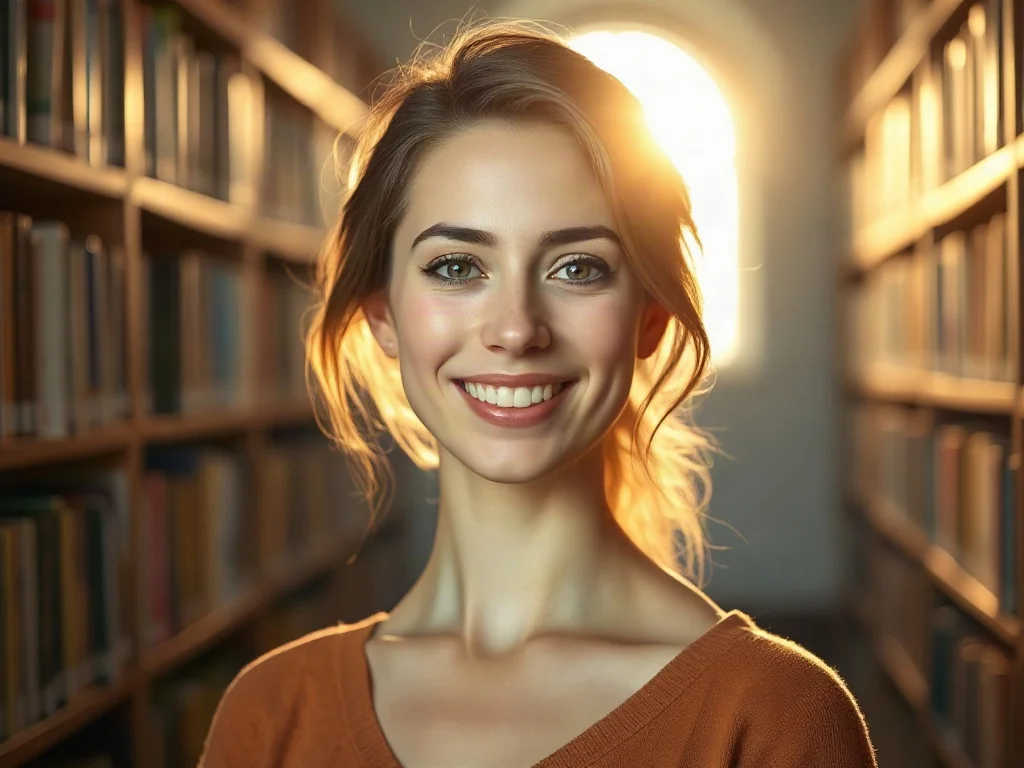 Uśmiechnięta młoda kobieta w przytulnej bibliotece, emanująca ciepłem i elegancją.