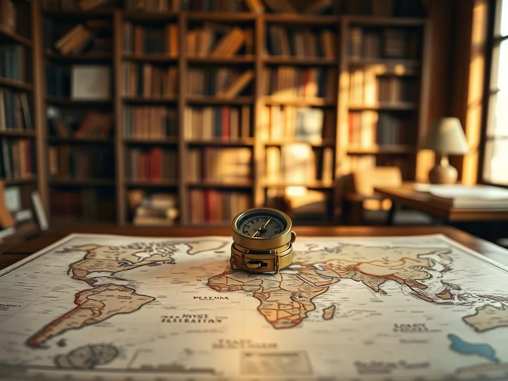 Mapa świata rozłożona na drewnianym stole z mosiężnym kompasem, w tle przytulna biblioteka.