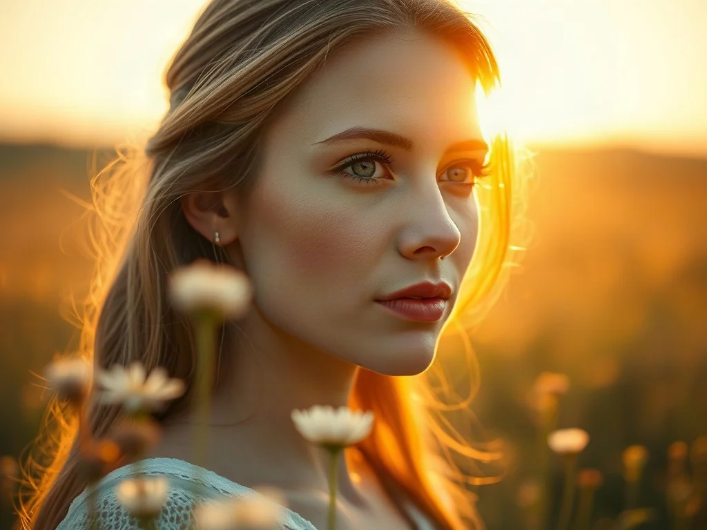Portret młodej kobiety zamyślonej na tle słonecznej łąki w ciepłych, pastelowych barwach.