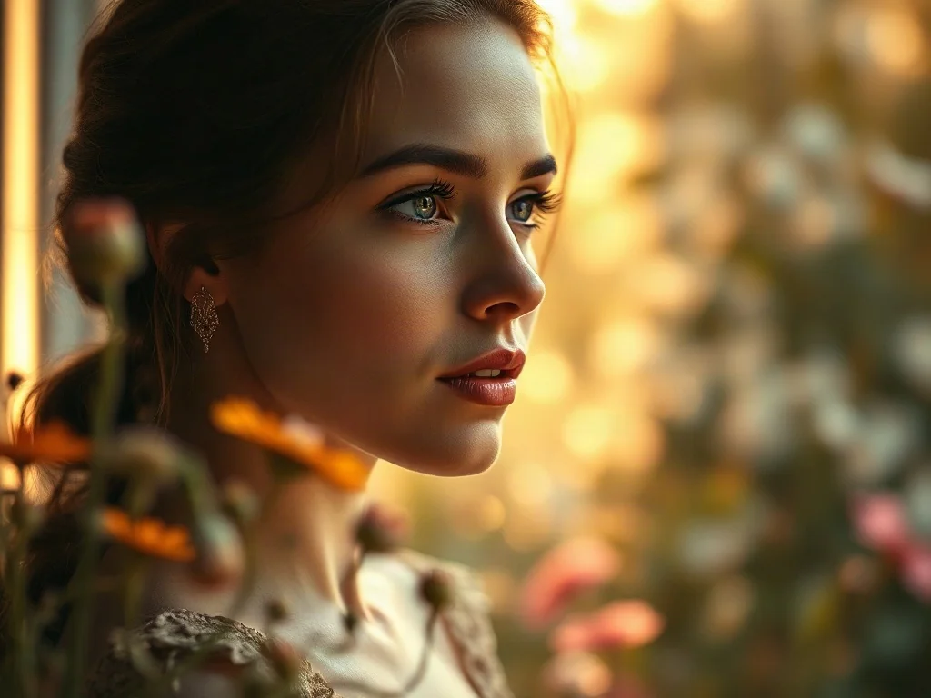 Eteryczny portret młodej kobiety w słonecznym ogrodzie, podkreślający delikatność i elegancję imienia Kornelia.